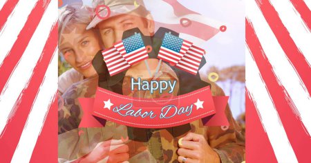 Photo for Image of labor day text over soldier with wife. patriotism and celebration concept digitally generated image. - Royalty Free Image