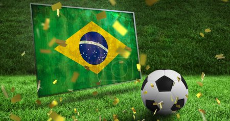 Photo for Image of confetti and flag of brazil over football and stadium. Global sport, patriotism and digital interface concept digitally generated image. - Royalty Free Image