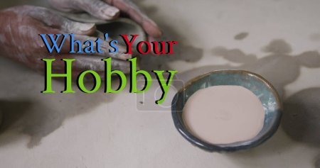 Image of what's your hobby over woman in pottery workshop. hobby, interest and leisure time concept digitally generated image.