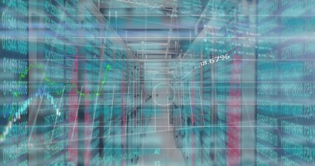 Photo for Image of data processing, graphs appearing on a grid over an empty room with screens showing lines of numbers. Digital composite image - Royalty Free Image