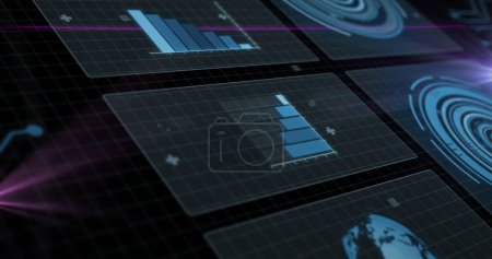 Image of graphs, loading circles and circuit board pattern over black background. Digitally generated, hologram, illustration, report, business, growth, progress, power supply and technology.