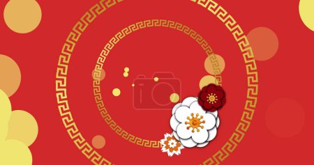Image of chinese pattern and flower decoration on red background. Chinese new year, festivity, celebration and tradition concept digitally generated image.