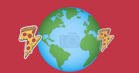 Foto de Imagen de iconos de pizza en todo el mundo sobre fondo rojo. celebración y concepto de interfaz digital imagen generada digitalmente. - Imagen libre de derechos