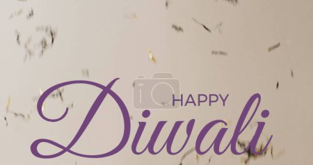 Photo for Image of happy diwali text over confetti falling on white background. Diwali, tradition, party, festivity and celebration concept digitally generated image. - Royalty Free Image
