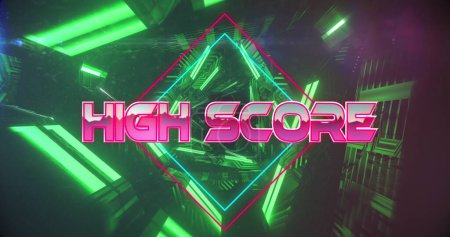 Photo for Image of high score text on rhombuses over futuristic tunnel against black background. Digitally generated, hologram, illustration, shape, record, image game, arcade and technology concept. - Royalty Free Image