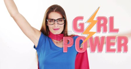 Image of girl power text over superhero woman. female power, feminism and gender equality concept digitally generated image.