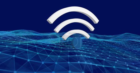 Photo for Digital image of digital WiFi icon floating over blue digital waves forming against blue background. Global networking and connection concept - Royalty Free Image