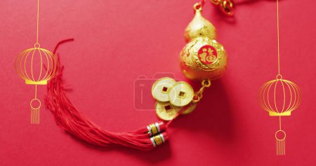 Photo for Image of chinese pattern and decoration on red background. Chinese new year, festivity, celebration and tradition concept digitally generated image. - Royalty Free Image