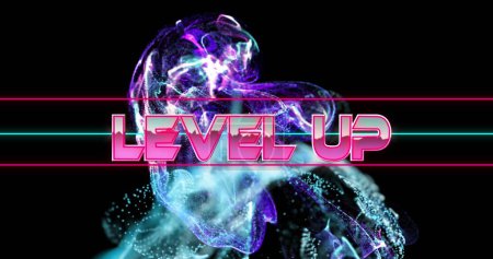 Level Up text over glowing bright light. Data processing colour and movement concept digitally generated image.