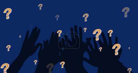 Foto de Image of question marks over hands on blue background. Global education and digital interface concept digitally generated image. - Imagen libre de derechos