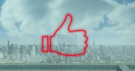 Photo for A red thumbs-up icon overlays a cityscape view, with copy space. The symbol suggests approval or a positive sentiment towards the urban environment. - Royalty Free Image