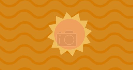 Image of sun over bright vibrant waves on orange background. Repetition abstract and colour concept digitally generated image.