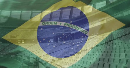 Image of sports stadium over flag of brazil. Global patriotism, celebration, sport and digital interface concept digitally generated image.