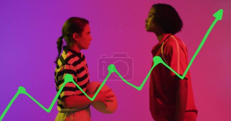Image of data processing over female rugby players on neon background. Sports and communication concept digitally generated image.