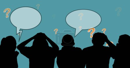 Foto de Image of people silhouettes with speech bubble over question marks on blue background. Global education and digital interface concept digitally generated image. - Imagen libre de derechos