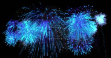 Photo for Image of moving shapes and fireworks over black background. New year, celebration and digital interface concept digitally generated image. - Royalty Free Image