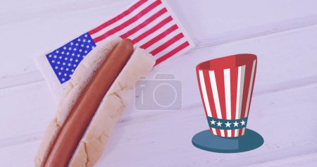 Photo for Image of hot dog and hat in usa flag colours over white surface. presidents day, independence day and american patriotism concept digitally generated image. - Royalty Free Image