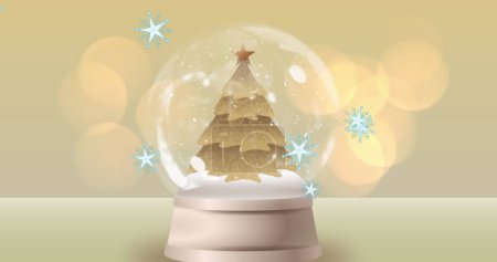 Téléchargez les photos : Image de flocons de neige et étoiles sur boule de neige avec arbre de Noël. Noel, tradition et concept de célébration image générée numériquement. - en image libre de droit