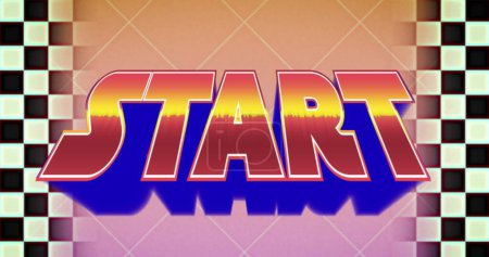Start written in sunset colours with black and white checkerboard squares moving on left and right. vintage image gaming colour and movement concept digitally generated image.