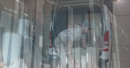 Image of financial data over caucasian male courier loading packages into car. business, finance and delivery services concept digitally generated image.
