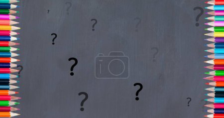 Photo for Image of question marks over crayons on grey background. education, knowledge and school concept digitally generated image. - Royalty Free Image