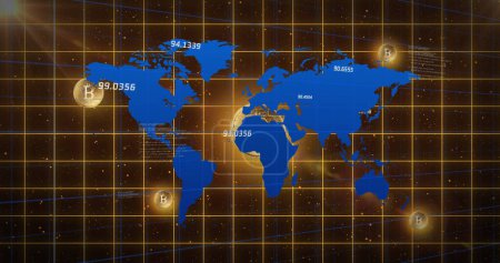 Bild der Weltkarte mit Datenverarbeitung über Bitcoin-Symbol auf schwarzem Hintergrund. Globales Geschäft, Finanzen und digitales Schnittstellenkonzept digital generiertes Image.