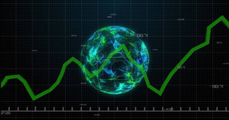 Image de l'interface numérique avec ligne verte et globe tournant sur grille sur fond noir. Concept numérique mondial en ligne image générée numériquement.