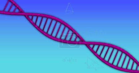 Image of r dna and math formulas on blue background. Science, chemistry, biology and technology concept digitally generated image.