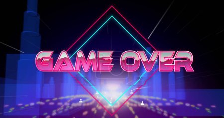 Image of game over text over icons and digital city on black background. Abstract background, color and retro future concept digitally generated image.