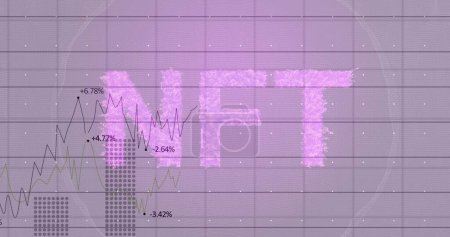 Foto de Nft text banner over grid network against statistical data processing against purple background. cryptocurrency and art technology concept - Imagen libre de derechos