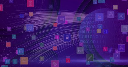 Photo for Image of digital icons over globe with binary coding on purple background. global technology, connections and digital interface concept digitally generated image. - Royalty Free Image