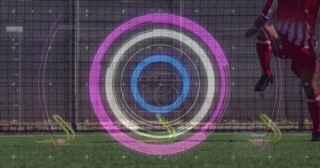 Photo for Image of scope scanning and data processing over football players exercising. digital interface, technology, sports and competition concept digitally generated image. - Royalty Free Image
