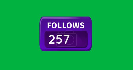 Digitales Bild der wachsenden Zahl von Followern in einem lila Kasten auf grünem Hintergrund 4k
