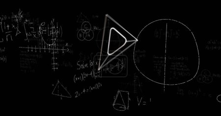 Photo for Image of set square icon over mathematical equations on black background. Education, learning, knowledge, science and digital interface concept digitally generated image. - Royalty Free Image