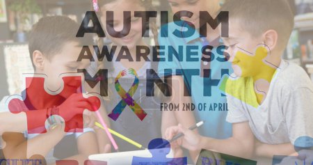 Image of colourful puzzle pieces and autism text over kids friends. autism, learning difficulties, support and awareness concept digitally generated image.