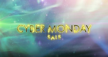 Image of cyber monday sale text on fire over glowing green to purple background. retail, savings and online shopping concept digitally generated image.