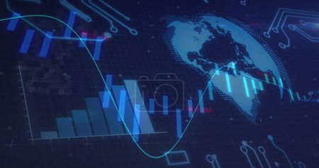 Image of financial data processing over statistics and globe. Global business, finances, digital interface, computing and data processing concept digitally generated image.