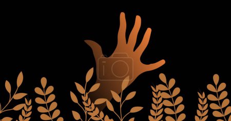 Image of hand and plants on black background. Universal childrens day and celebration concept digitally generated image.