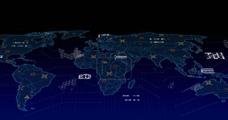 Bild der Datenverarbeitung über der Weltkarte. Globale Verbindungen, digitale Schnittstelle und Datenverarbeitungskonzept digital generiertes Bild.