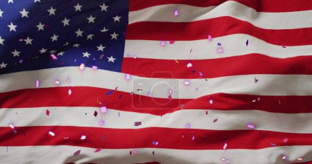 Photo for Image of confetti over flag of usa. Global patriotism, celebration, sport and digital interface concept digitally generated image. - Royalty Free Image