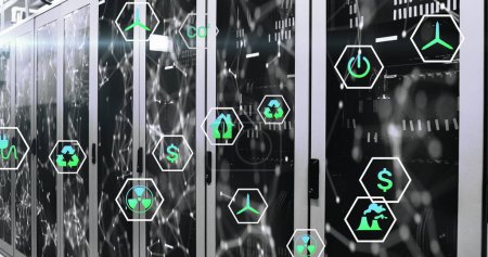 Photo for Image of multiple icons over connected dots on data server systems in server room. Digital composite, communication, hazardous, recycle, data center, networking, technology and network server. - Royalty Free Image