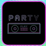 Image of party on black square and blue and green background. Communication, party and vintage style concept digitally generated image.