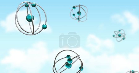 Image of atom models spinning on clouds on blue background. Global science, research, connections, computing and data processing concept digitally generated image.