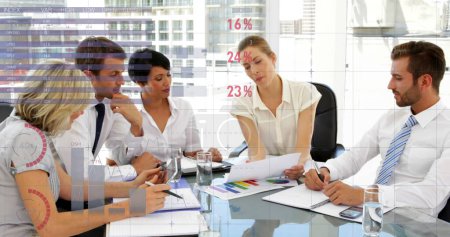 Photo for Digital composite of diverse business people discussing in an office while different graphs move in the foreground 4k - Royalty Free Image