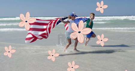 Foto de Imagen de flores cayendo sobre niños sosteniendo banderas de EE.UU. en la playa. poder femenino, feminismo e igualdad de género imagen generada digitalmente. - Imagen libre de derechos