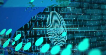 Photo for Image of biometric fingerprint, binary coding and data processing over world map. Global business, finance and data processing concept digitally generated image. - Royalty Free Image