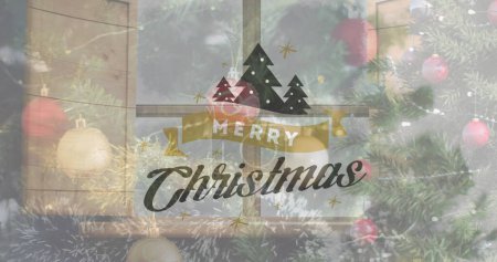 Téléchargez les photos : Image des vœux de Noël texte sur l'arbre de Noël et les décorations. Noël, fête, célébration et concept de tradition image générée numériquement. - en image libre de droit