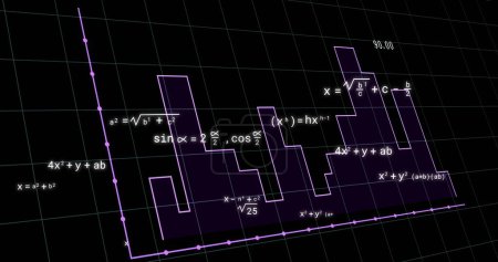 Image of mathematical equations over graph on black background. Education, learning, knowledge, science and digital interface concept digitally generated image.