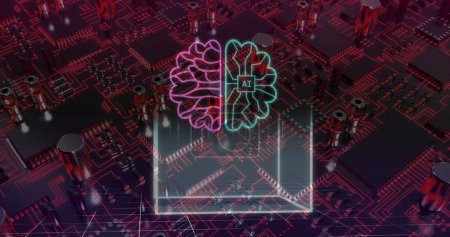 Image of ai data processing and icons over computer circuit board background. Global artificial intelligence, business, finances, computing and data processing concept digitally generated image.