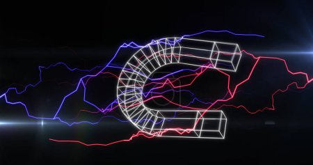 Image of magnet icon with lightning over light trails on black background. Education, learning, knowledge, science and digital interface concept digitally generated image.